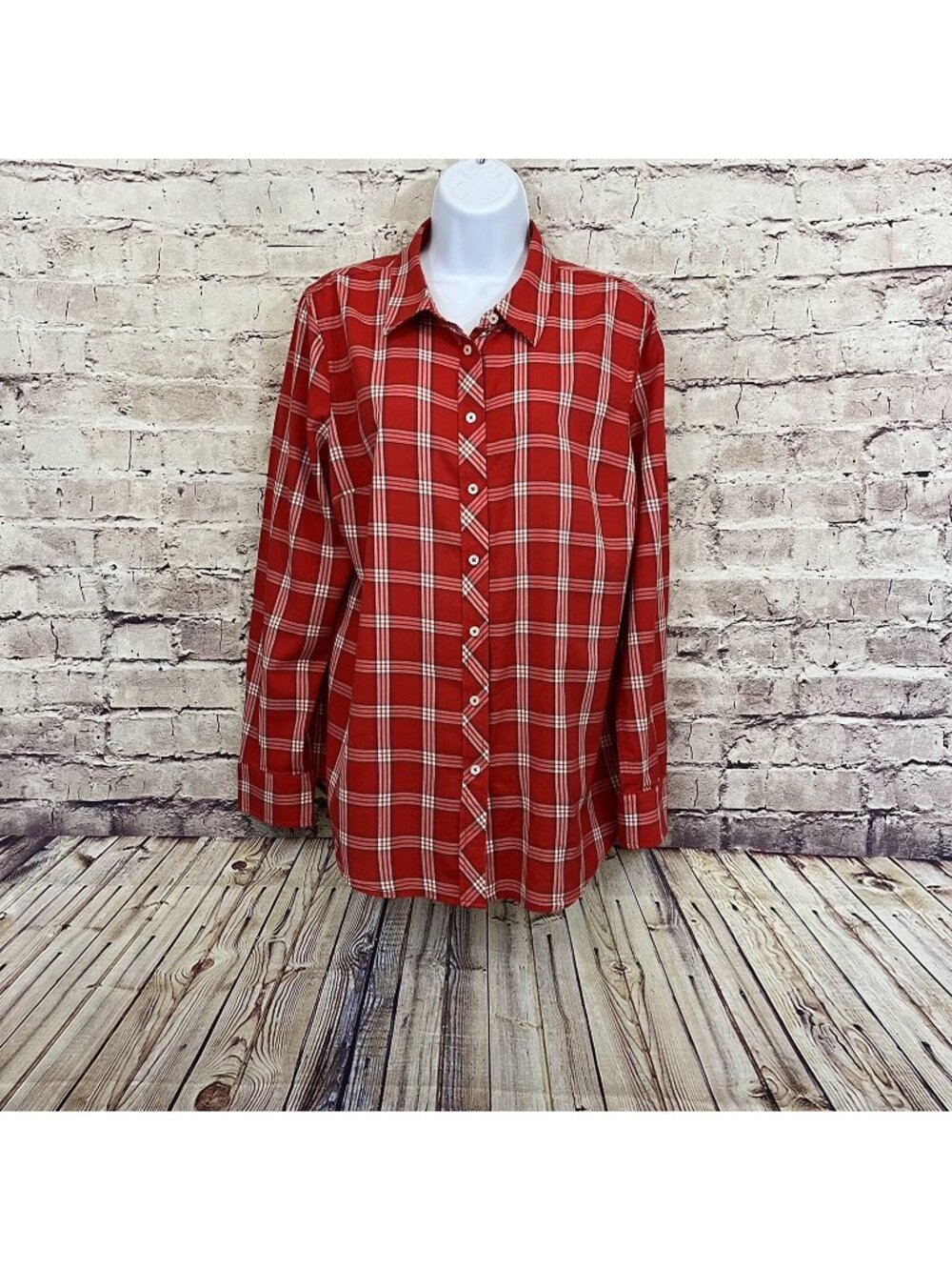 Talbots Red Check Button Front Long Sleeve Shirt